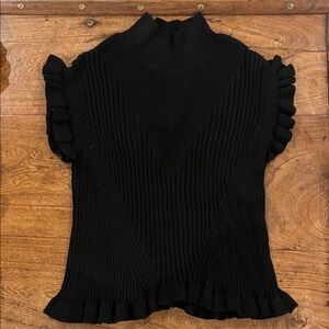 MELISSA NEPTON Black Ribbed Knit Top with Ruffle Trim